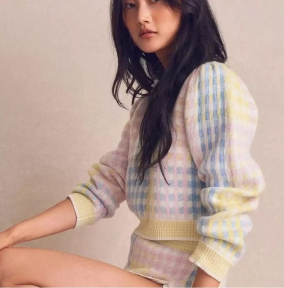 LoveShackFancy Dolana Cropped Sweater Pink Plaid Intarsia Wool Small